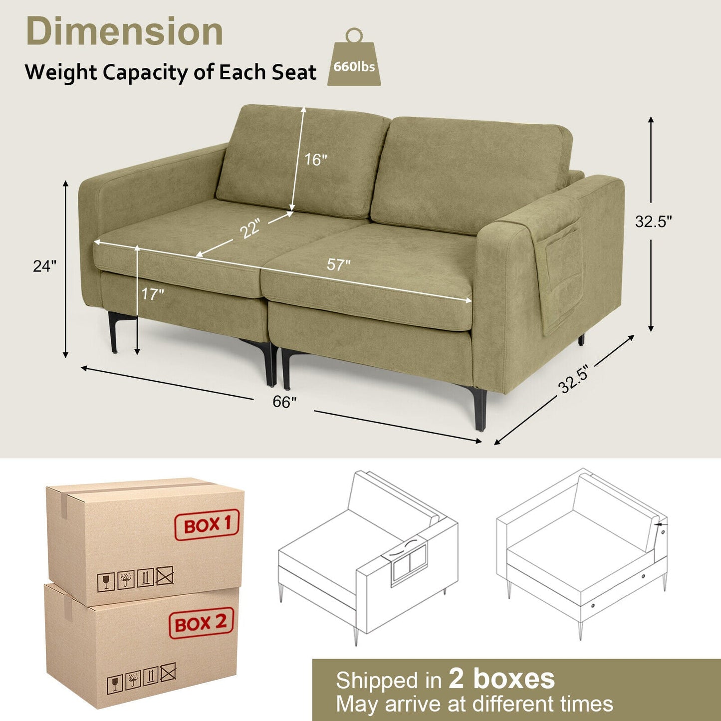 Modern Loveseat Sofa Couch with Side Storage Pocket and Sponged Padded Seat Cushions