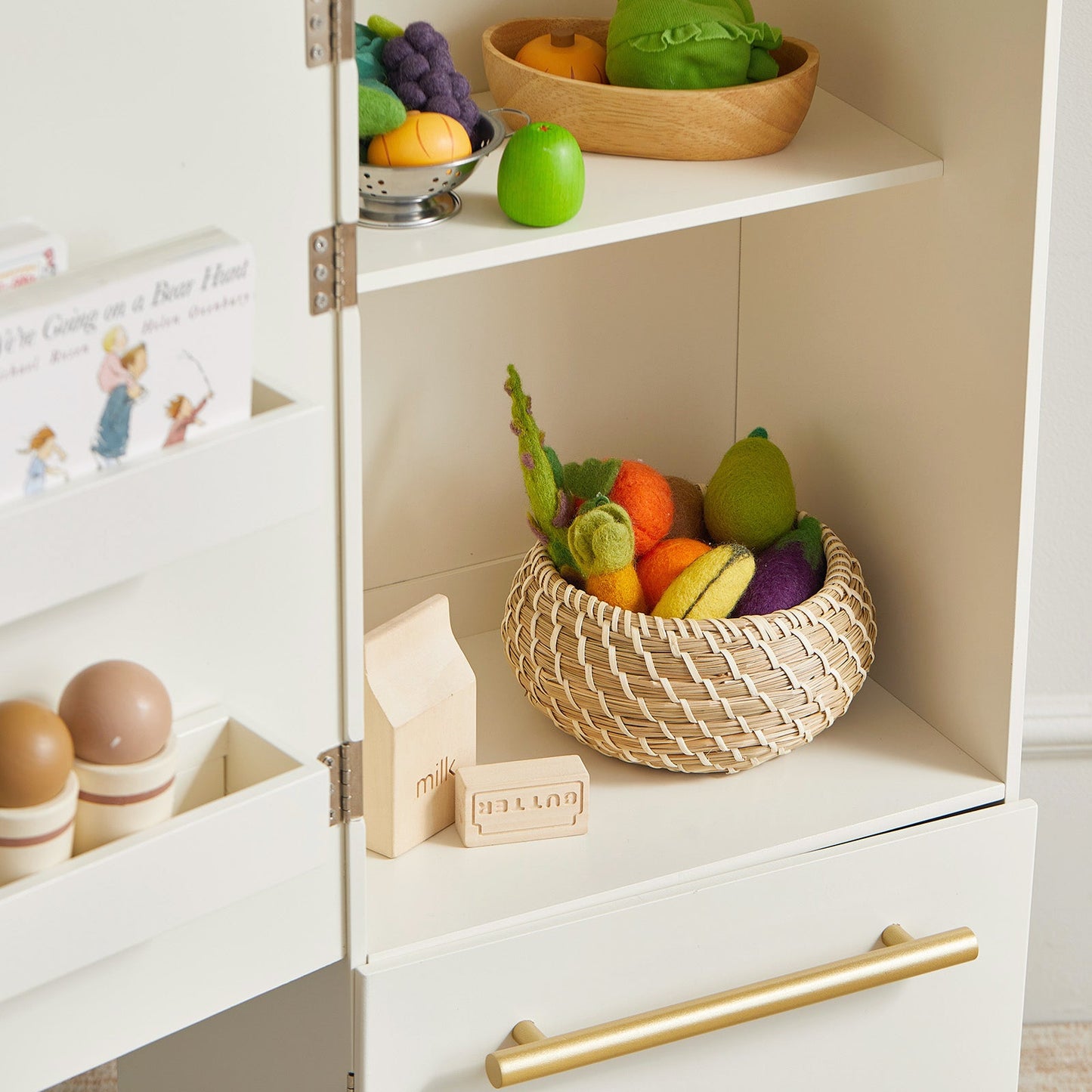 Tiny Land® Play Kitchen Accessories – Play Kitchen Fridge: Wooden Cabinet Refrigerator for Kids
