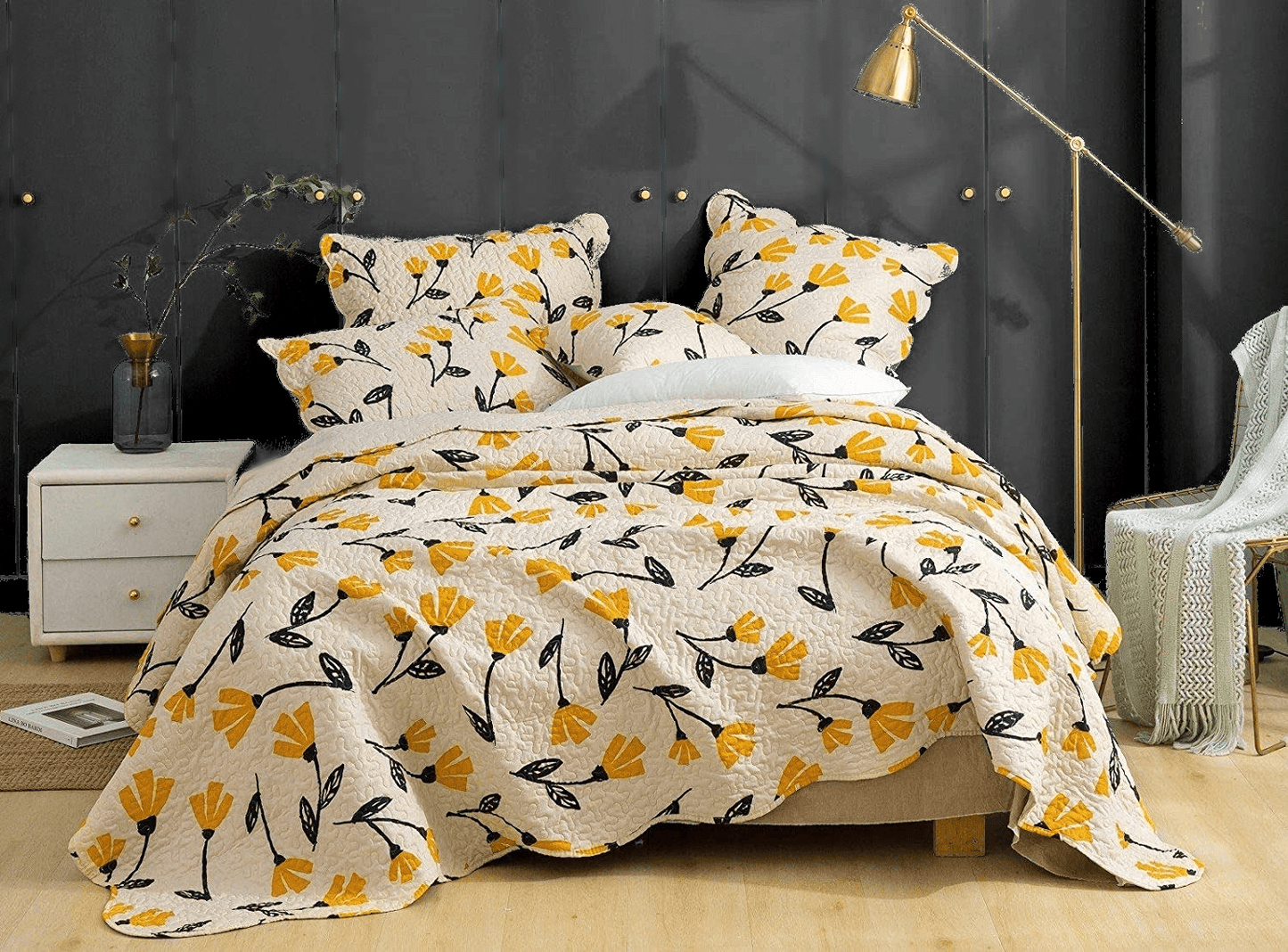 DaDa Bedding Yellow Fleur Floral Quilt Set - Ivory Gold Bedspread