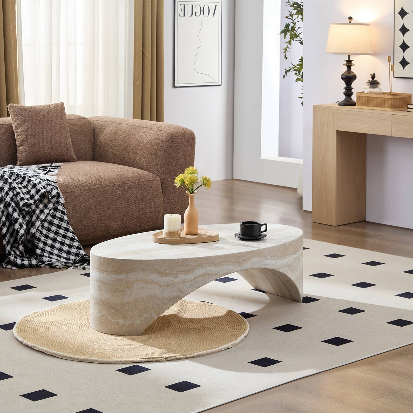 Oval Natural Marble Coffee Side Table for Living Room