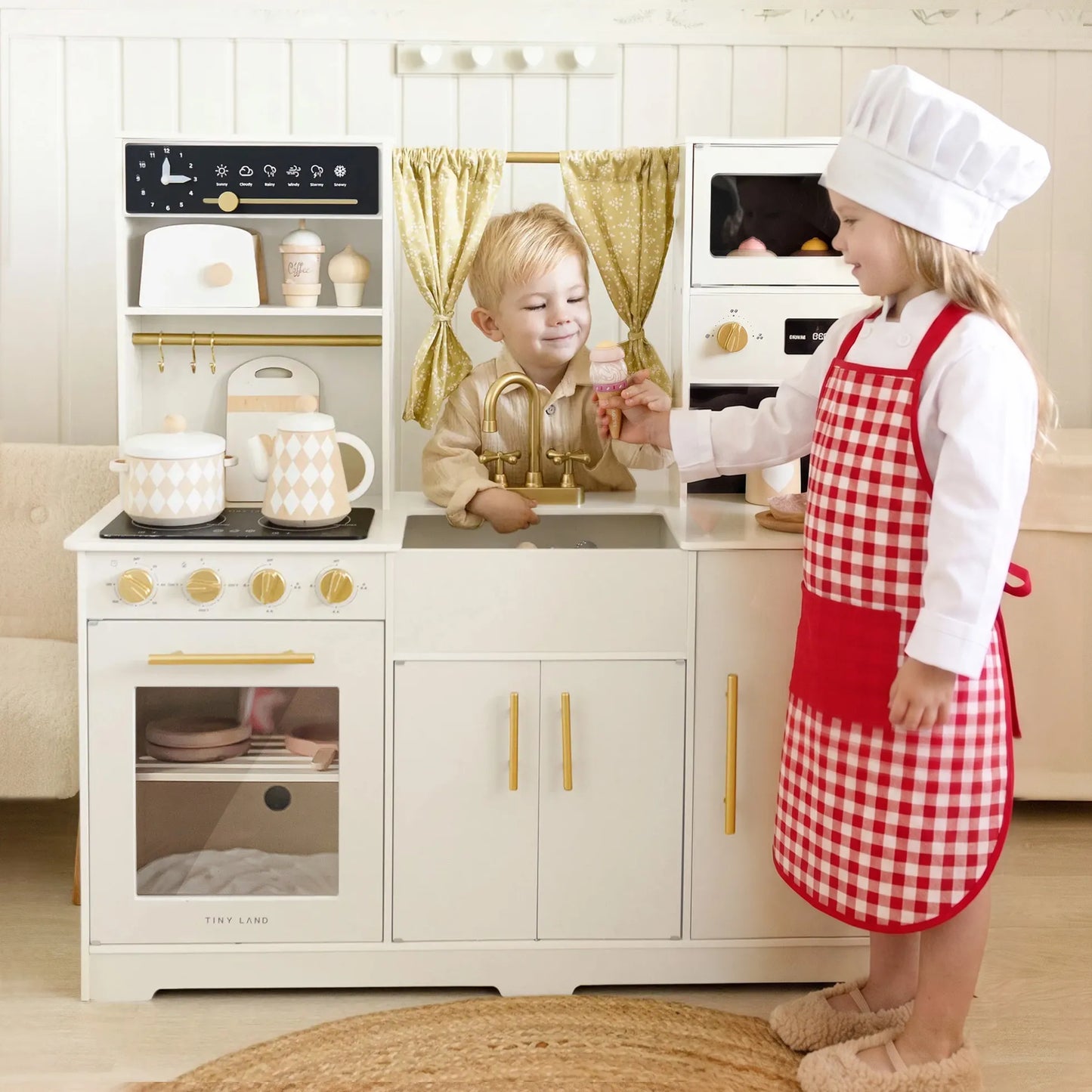 Tiny Land® Iconic Wooden Play Kitchen – Cream Pretend Cooking Set for Kids