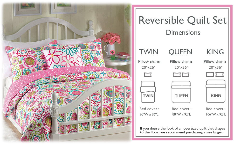 Mariah Pink Floral Dot Reversible Quilt Bedding Set