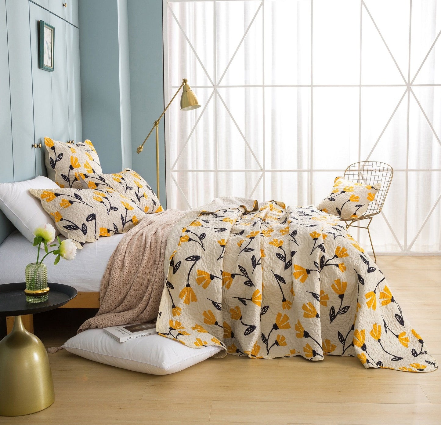 DaDa Bedding Yellow Fleur Floral Quilt Set - Ivory Gold Bedspread