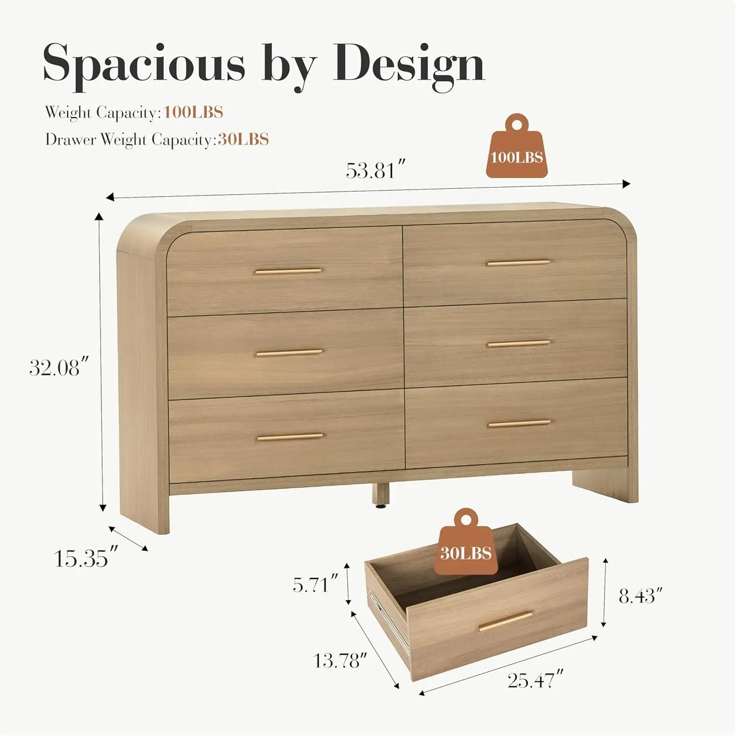 54" Wide Modern Curved 6-Drawer Dresser