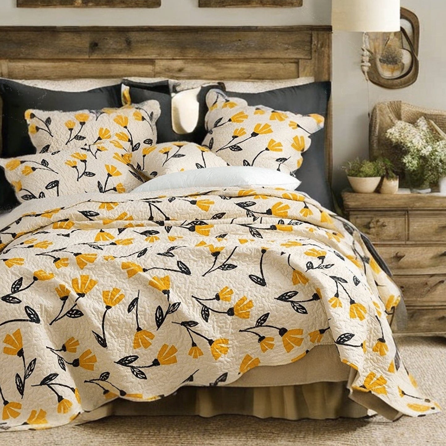 DaDa Bedding Yellow Fleur Floral Quilt Set - Ivory Gold Bedspread