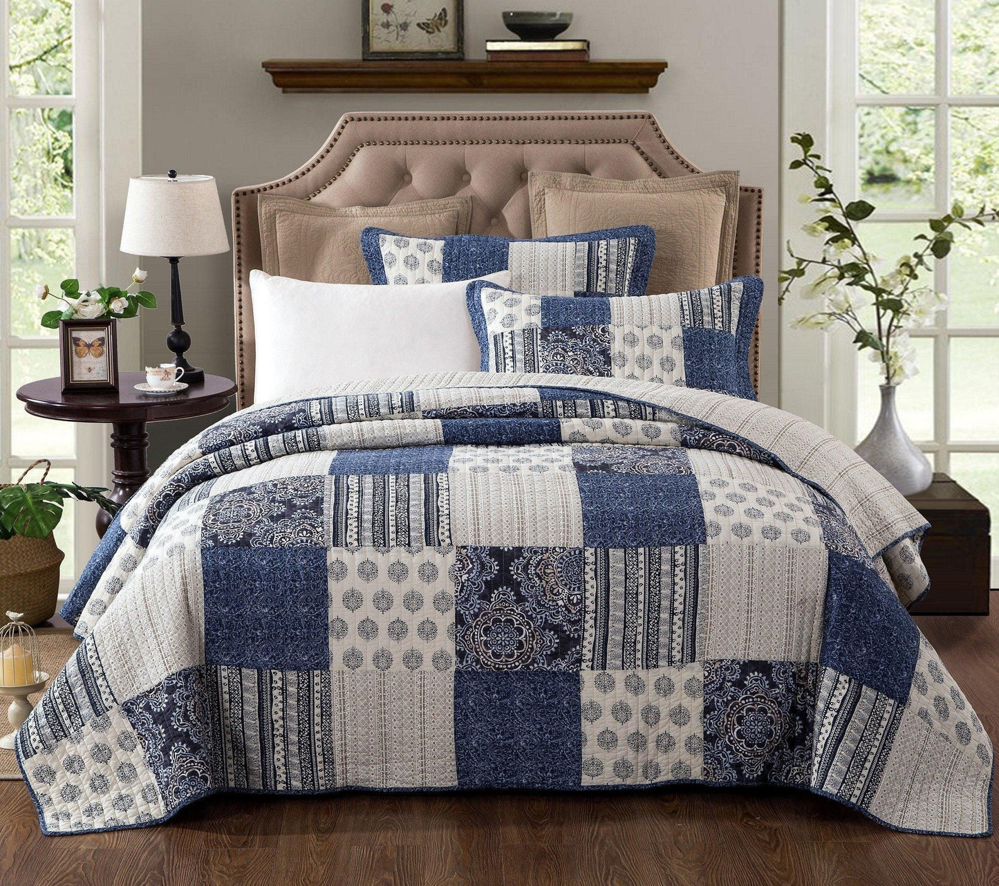DaDa Bedding Denim Blue Patchwork Cotton Quilt Set