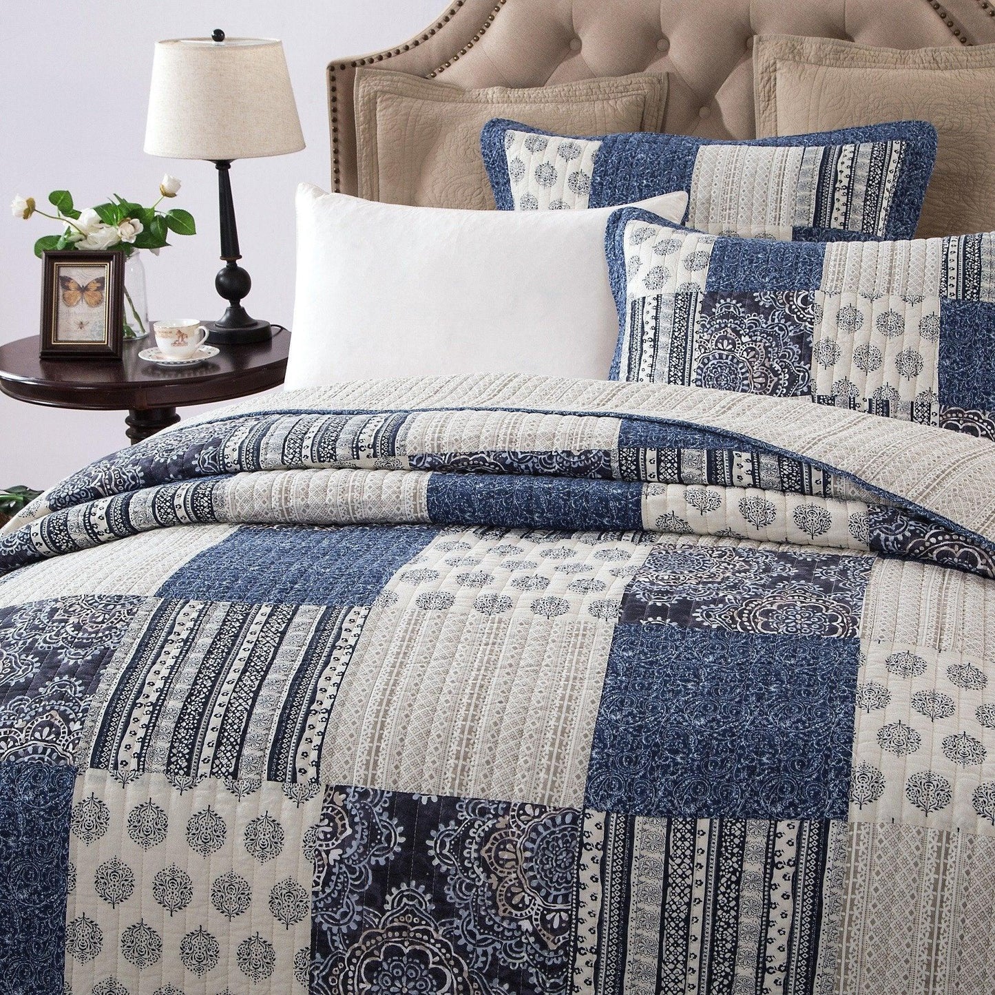 DaDa Bedding Denim Blue Patchwork Cotton Quilt Set