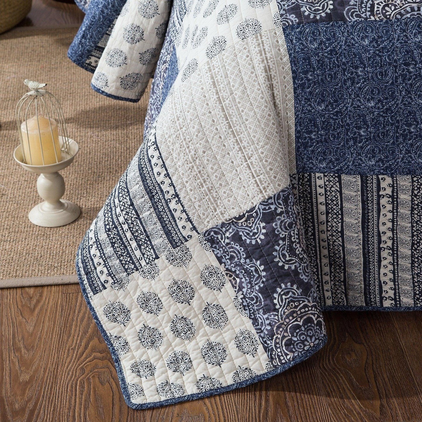 DaDa Bedding Denim Blue Patchwork Cotton Quilt Set